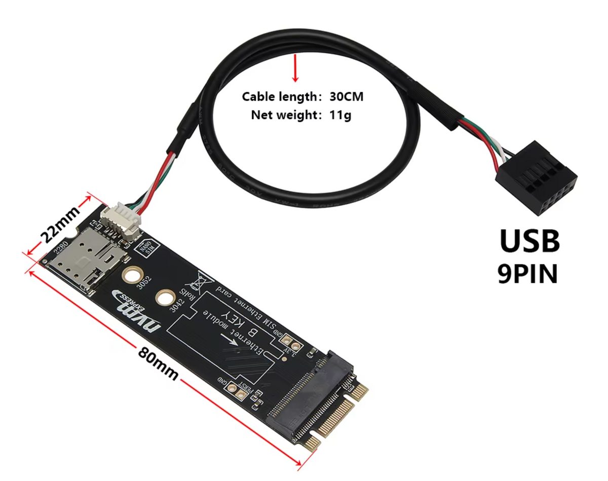 M.2 B Key to M Key Adapter Card for 4G/5G Module with SIM Card Slot and USB